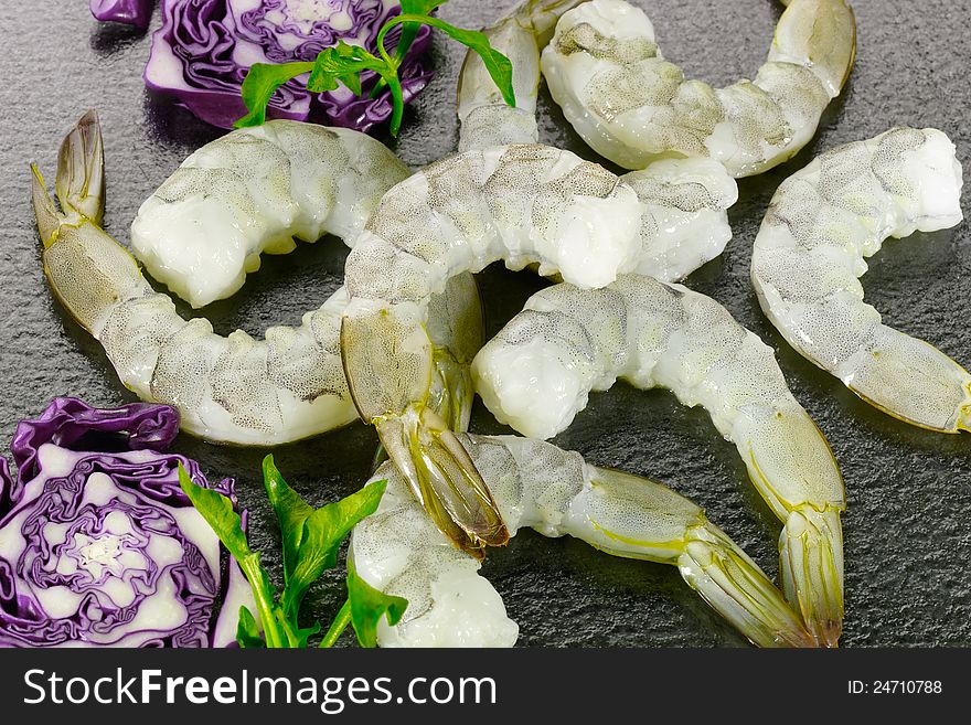 Raw shrimps with vegetable prepared for cooking