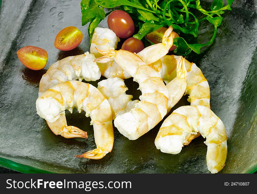 Boiled shrimps with vegetable prepared for cooking