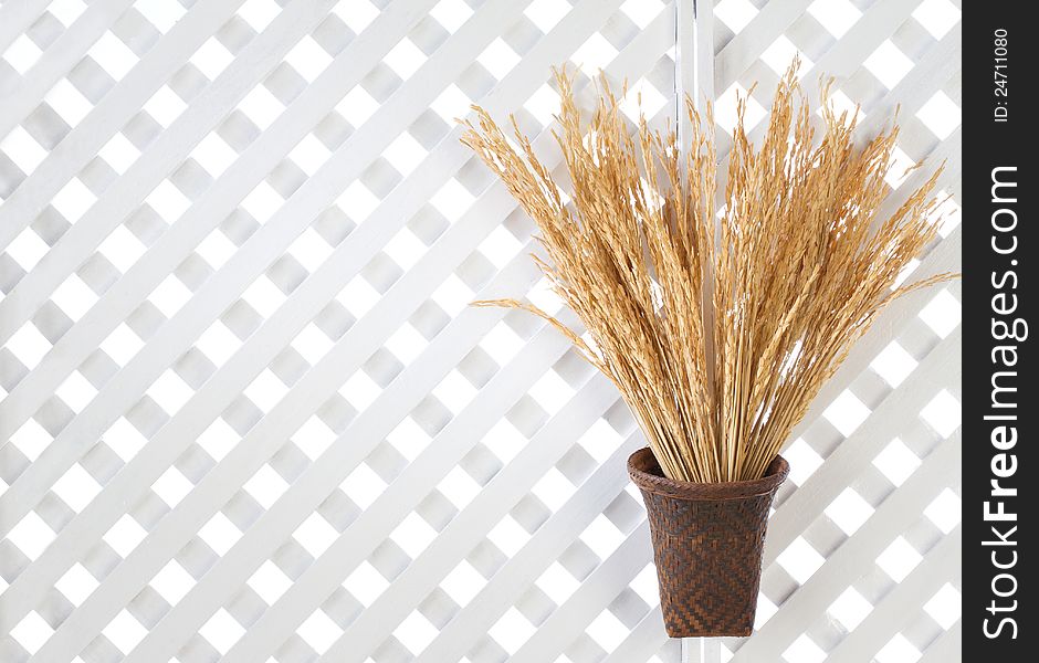 Wooden lattice background with golden rice spikes in bamboo basket