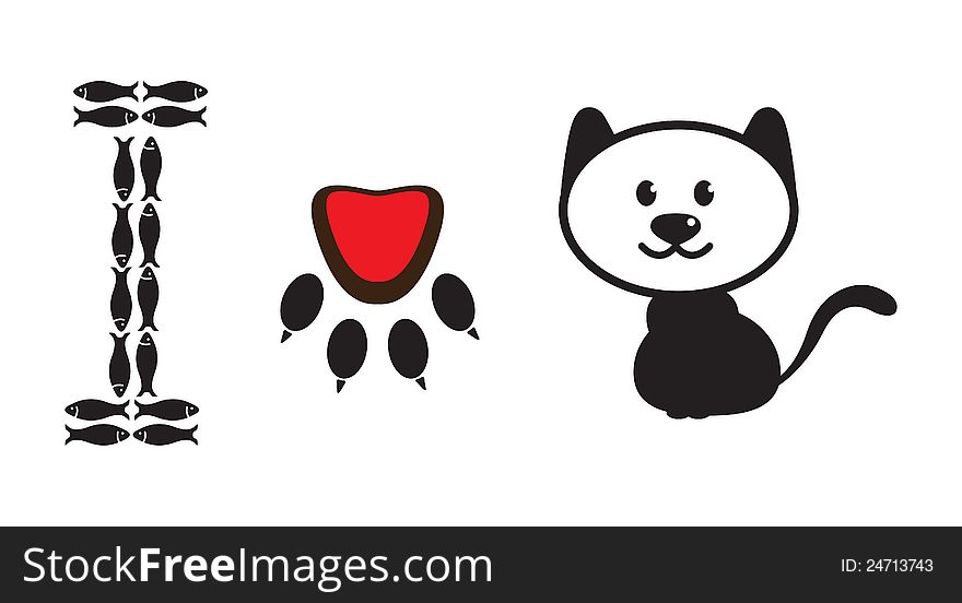 I love cat concept illustration with I letter formed using fishes and love symbol formed using cat paw. I love cat concept illustration with I letter formed using fishes and love symbol formed using cat paw