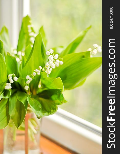 Beautiful spring flowers in a bouquet near window. Beautiful spring flowers in a bouquet near window