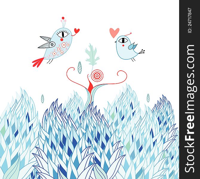 Floral background with blue birds in love on a white. Floral background with blue birds in love on a white