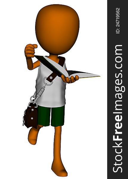 3D render of an orange cartoon style man wearing university student clothes and holding a book. 3D render of an orange cartoon style man wearing university student clothes and holding a book.