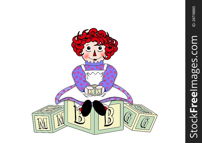 An illustration of a red headed doll sitting on top of wooden toy alphabet building blocks. An illustration of a red headed doll sitting on top of wooden toy alphabet building blocks