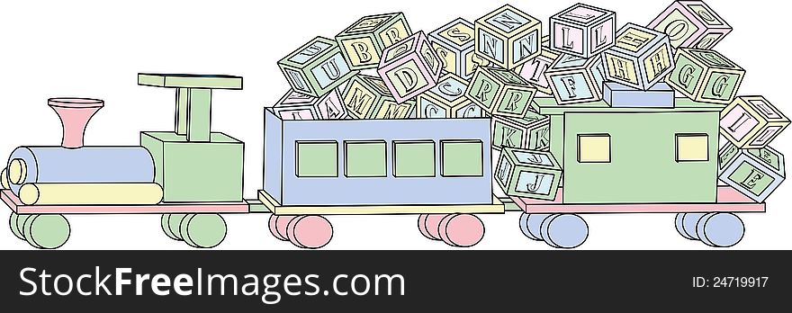 An illustration of a wooden toy train carrying lots of wooden toy alphabet building blocks. An illustration of a wooden toy train carrying lots of wooden toy alphabet building blocks