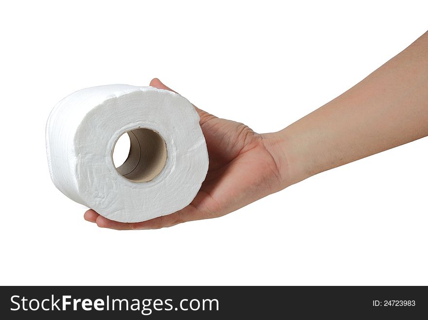 Man holding a roll of white toilet paper in his hand