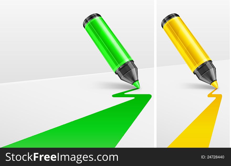 Green and yellow markers, felt tip pen with line on white, vector illustration. Green and yellow markers, felt tip pen with line on white, vector illustration