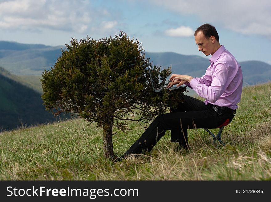 Man With Computer On Tree