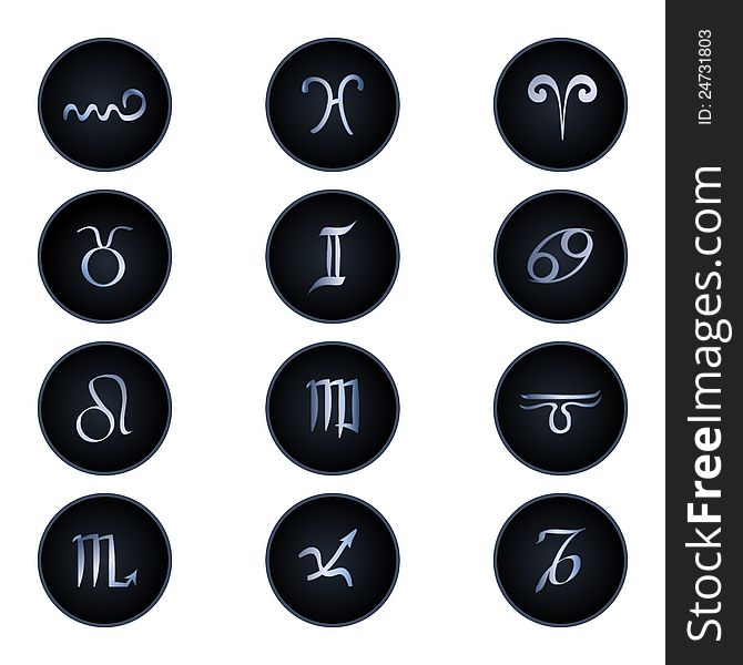 Zodiac signs round black buttons isolated on white. Zodiac signs round black buttons isolated on white