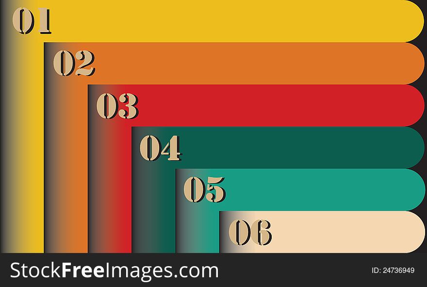 Group of colorful retro style six empty numbered labels for lists. This set of varicolored trendy banners can be used in webpages, etc. Group of colorful retro style six empty numbered labels for lists. This set of varicolored trendy banners can be used in webpages, etc.