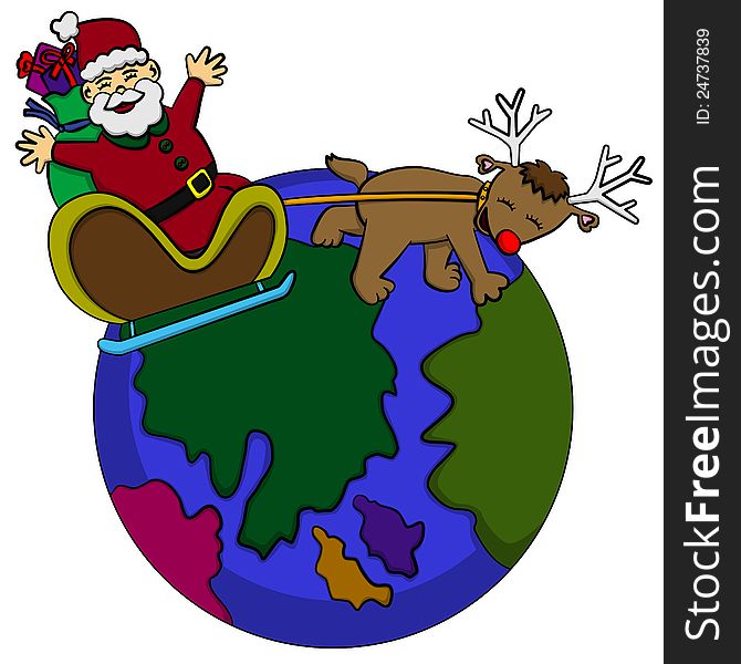 Cute illustration of Santa Claus riding in his sleigh above the world. Cute illustration of Santa Claus riding in his sleigh above the world