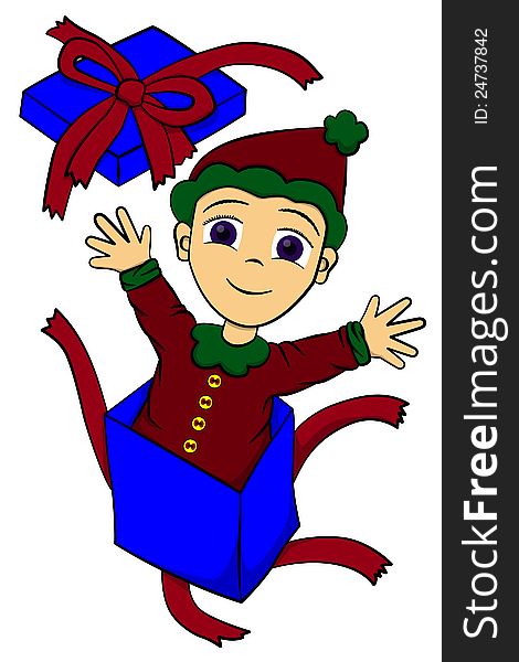 A cartoon boy dressed like Santa Claus coming out of a gift box. A cartoon boy dressed like Santa Claus coming out of a gift box