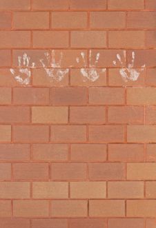 Hand Marks On The Brick Wall. Stock Image