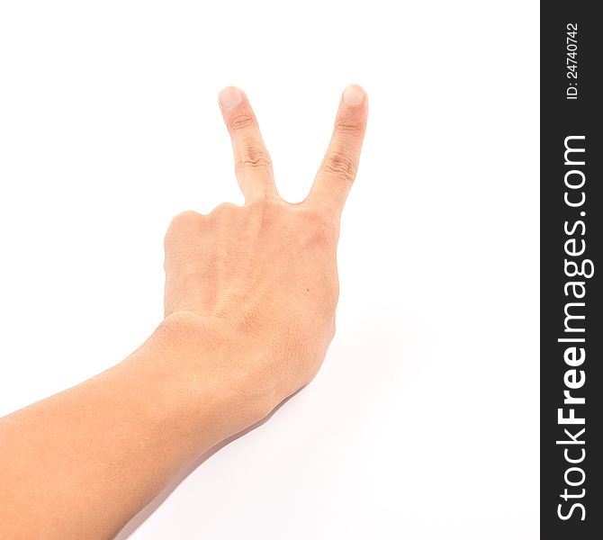 Male hand showing two fingers up isolated on white, peace or victory sign