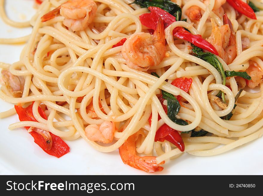 Spaghetti seafood with basil and shrimp