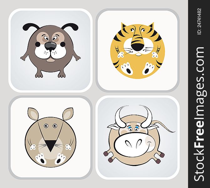 Cat, dog, mouse and cow icons. Vector illustration