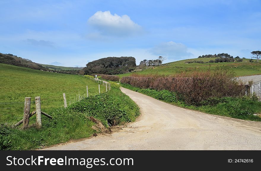A Rural Landscape in Dorset, England with road between hills. A Rural Landscape in Dorset, England with road between hills