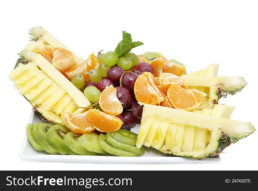 A plate of ripe juicy fruit on white background