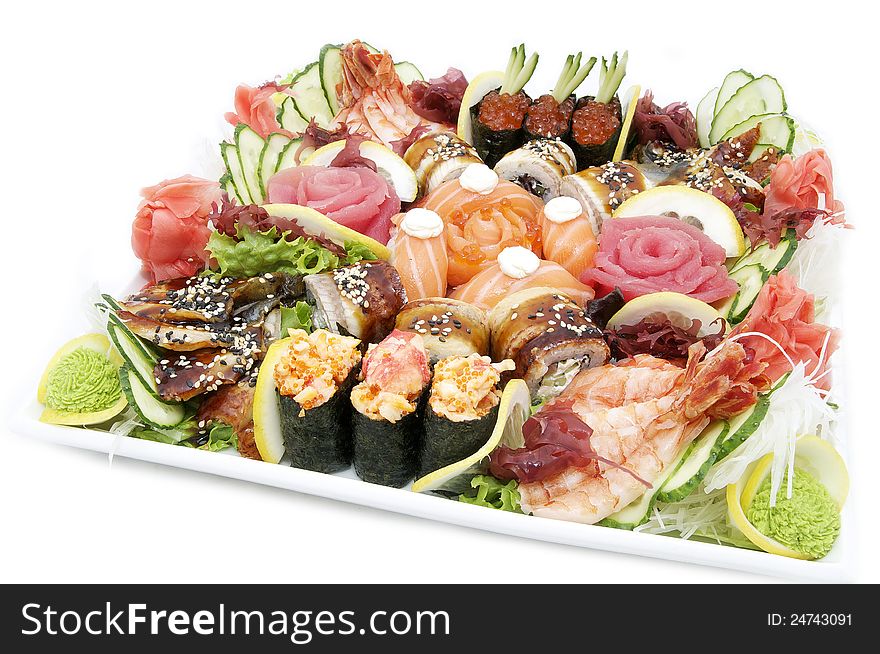 Japanese sushi fish and seafood on white background