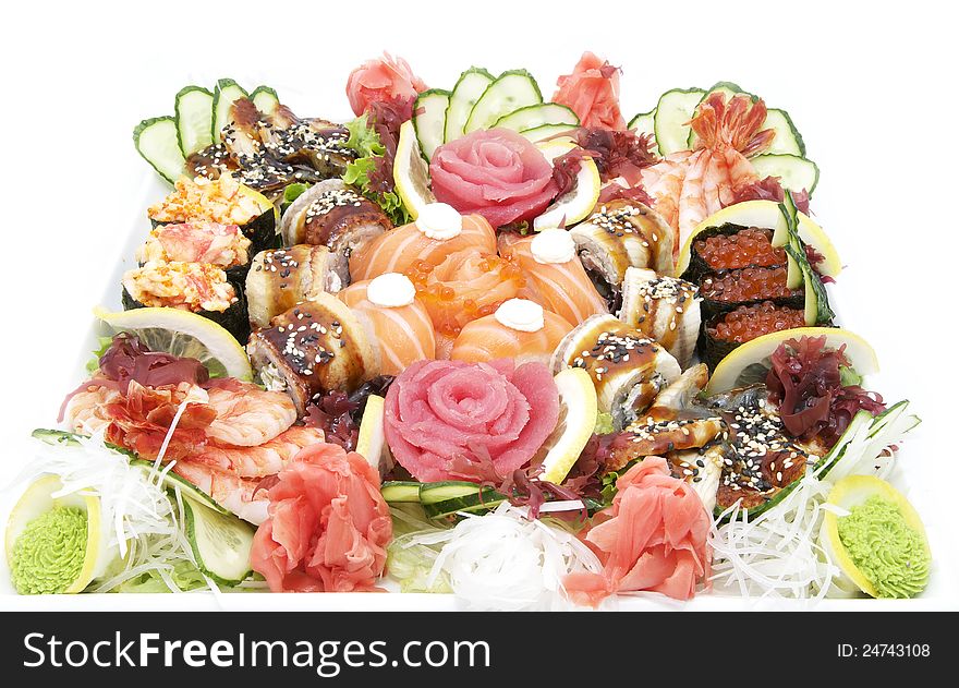 Japanese sushi fish and seafood on white background