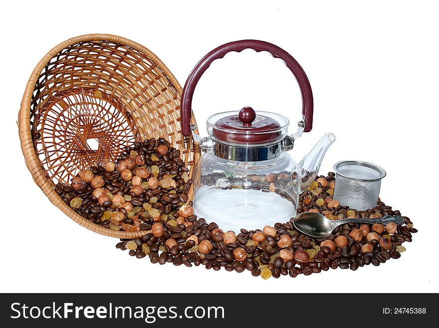 Coffeepot With Grains Isolated On White
