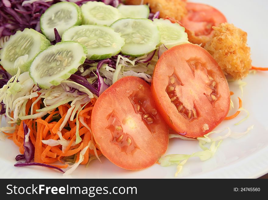 Fried shrimp with vegetable close up shot. Fried shrimp with vegetable close up shot