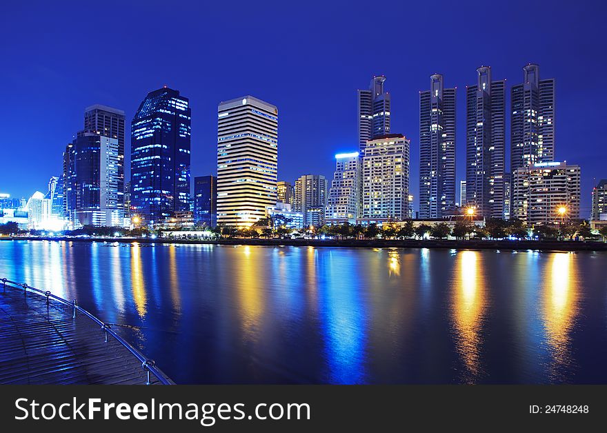 City at night. A modern building in Bangkok, Thailand.