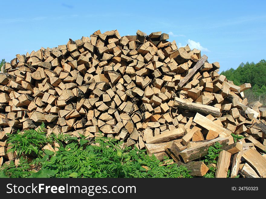 A lot of firewood against the blue sky