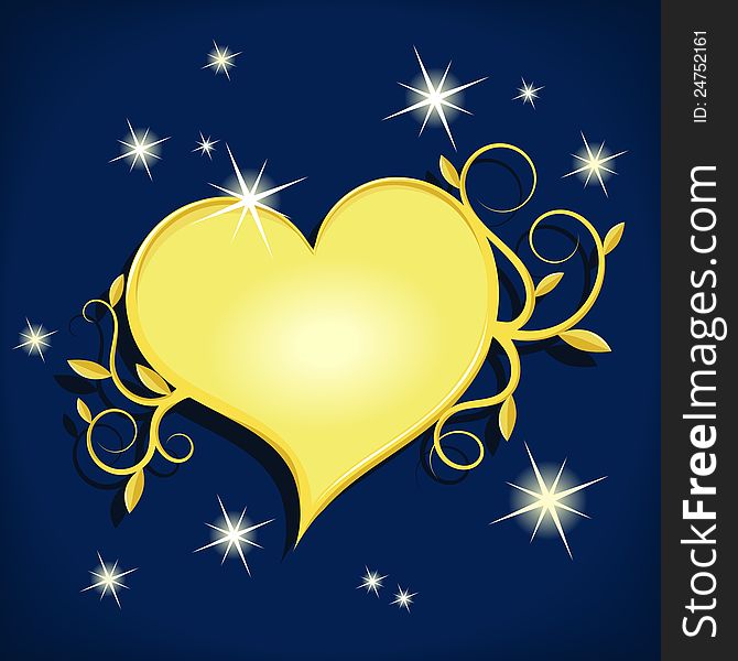 Decorative golden heart on dark night sky with stars