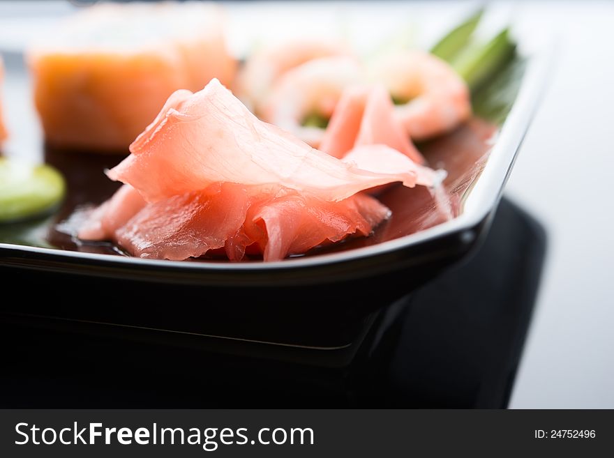 Sushi with ginger, avocado and shrimps