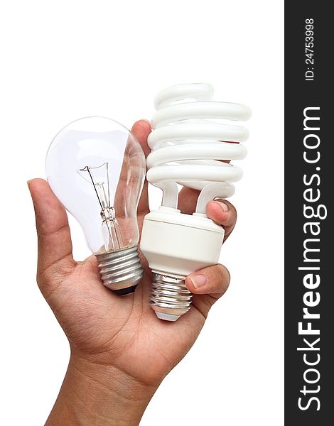 Hand holding lamp two type : Incandescent light and Fluorescent light. This image contains clipping path.