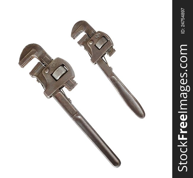 Two old pipe wrenches isolated