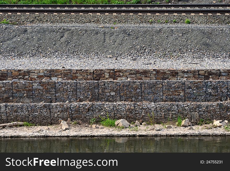 Gabion on the railway next to the river. Gabion on the railway next to the river