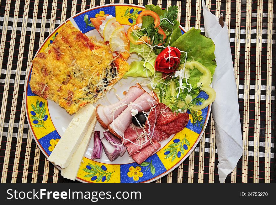 Collage of different fast food products .Feta cheese, olives , meet