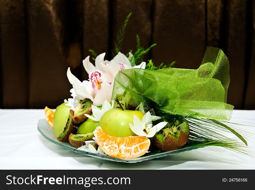 Decorated wedding plate on the table