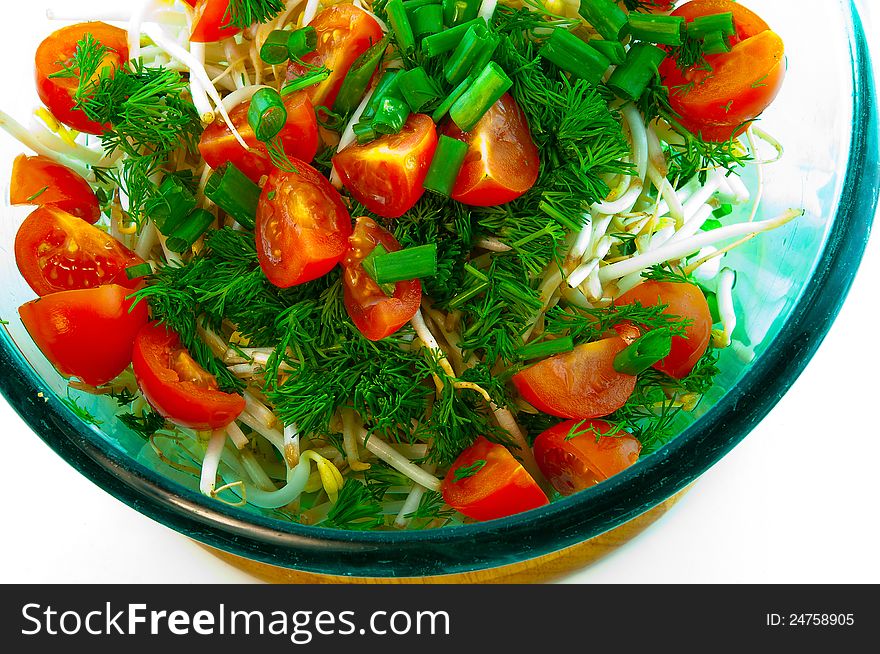 Tomato salad with green onions, and sprouted wheat grains. Tomato salad with green onions, and sprouted wheat grains