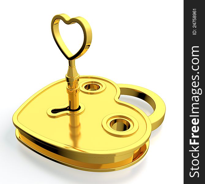Golden padlock in form of heart with key in it