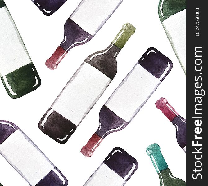 watercolor seamless pattern with wine bottles on white background