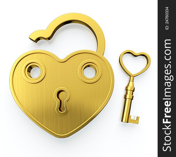 Golden padlock in form of heart on white background