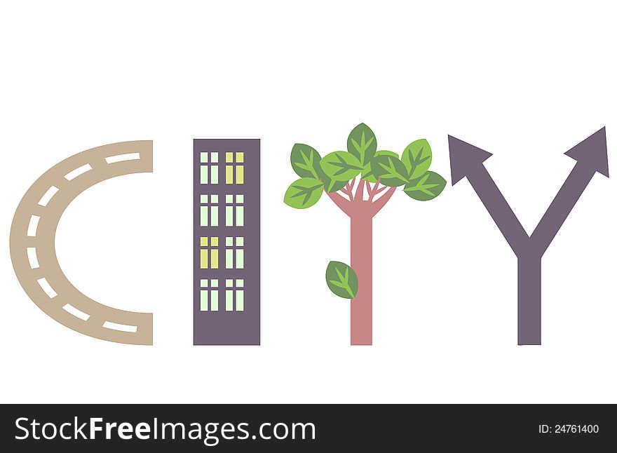 City word abstract illustration with symbolic letters