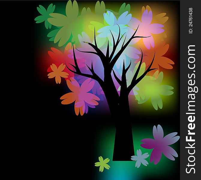 Glowing tree with multicolored flowers