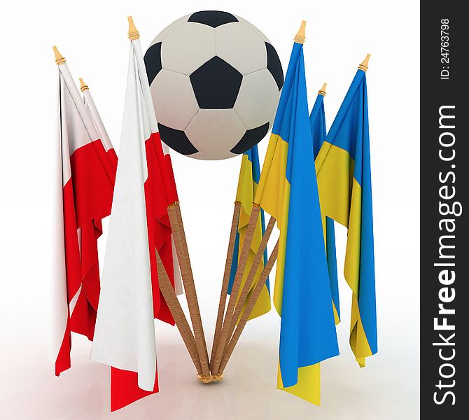 Flags of Poland and Ukraine - countries of 2012 football championship with soccer ball on white background. Flags of Poland and Ukraine - countries of 2012 football championship with soccer ball on white background.