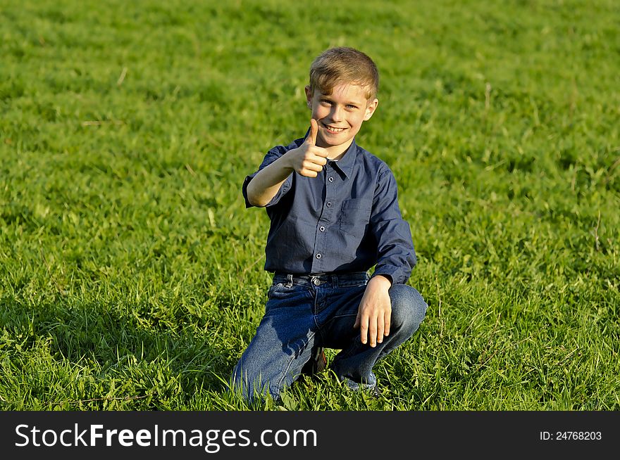 The happy boy sits on a grass and shows a hand gesture ok. The happy boy sits on a grass and shows a hand gesture ok