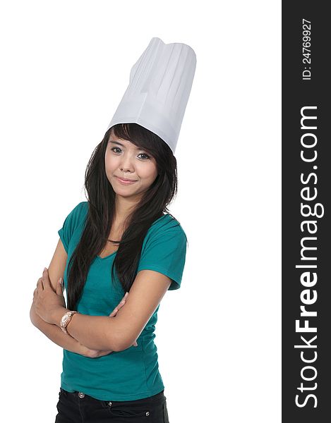 Beautiful asian young chef isolated over white background