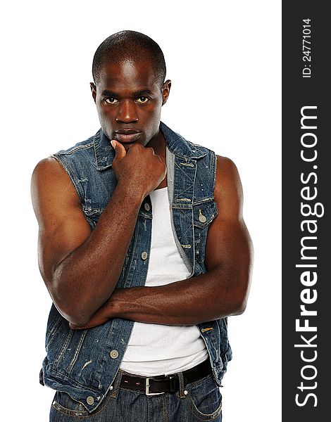 Young African American Man wearing a vessel isolated on a white background