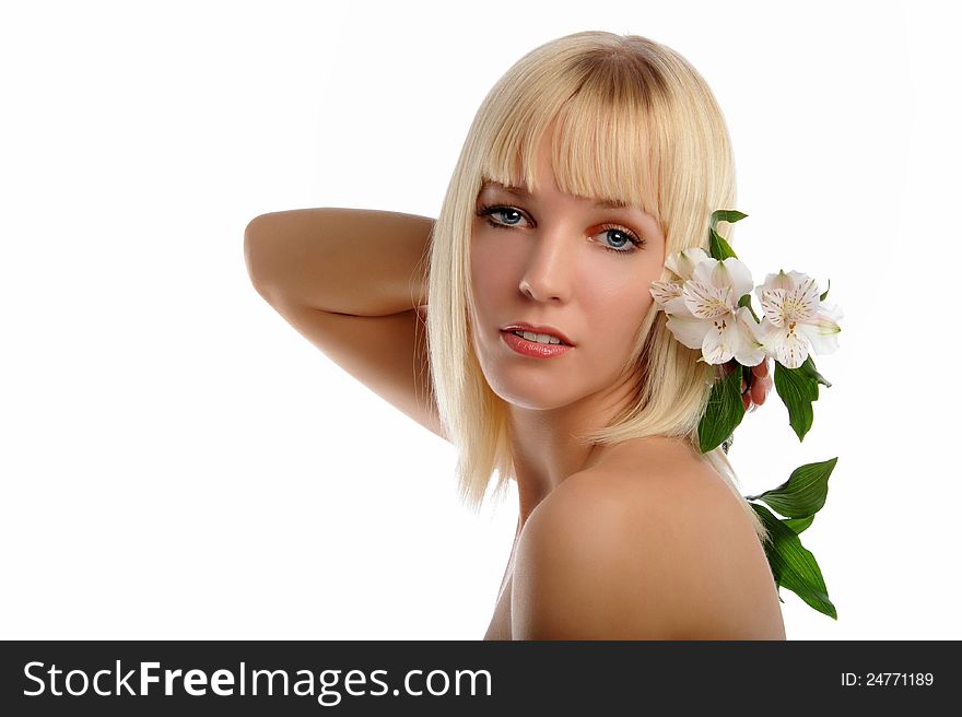 Young Blond Woman Holding Lillies