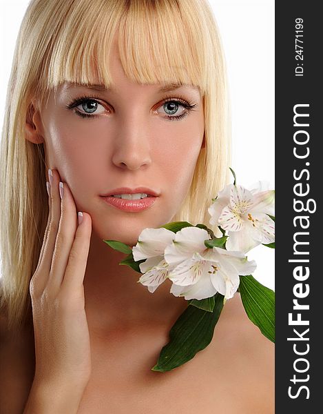 Young Blond Woman Holding Lillies isolated on a white background