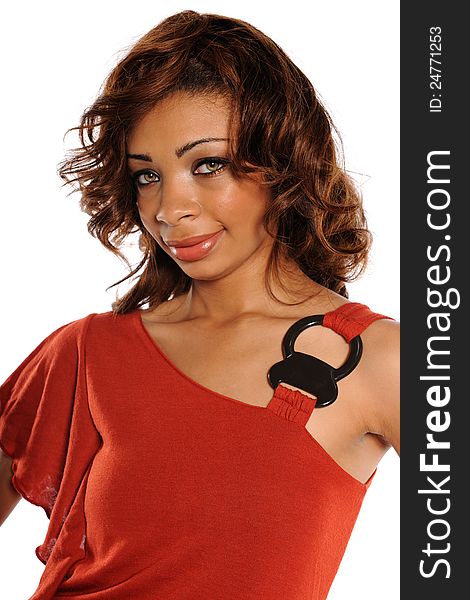 Young African American portrait wearing a red dress isolated on a white background