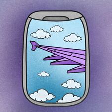 Digital Illustration Of An Airplane Window Seat View With Clouds And Airplane Wing Stock Photography