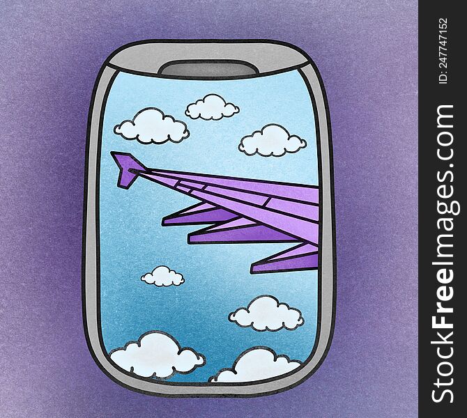 Digital Illustration of an airplane window seat view with clouds and airplane wing